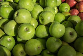 New green apples for sale at city market.