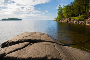 Huge rocks on the shore of the island of Valaam. North of Russia