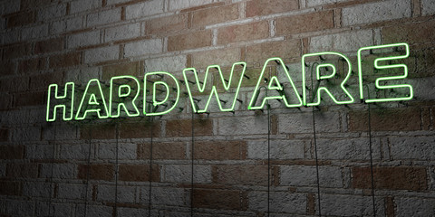 HARDWARE - Glowing Neon Sign on stonework wall - 3D rendered royalty free stock illustration.  Can be used for online banner ads and direct mailers..