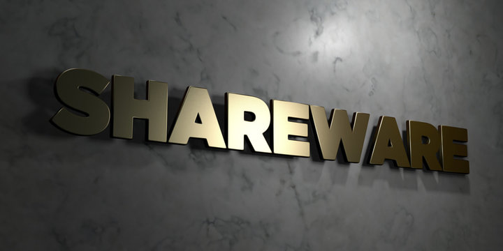 Shareware - Gold text on black background - 3D rendered royalty free stock picture. This image can be used for an online website banner ad or a print postcard.