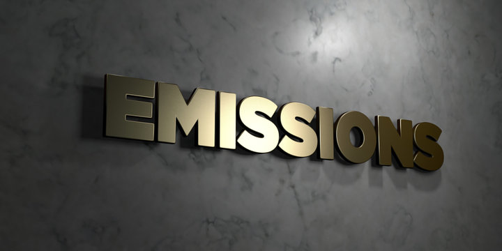 Emissions - Gold text on black background - 3D rendered royalty free stock picture. This image can be used for an online website banner ad or a print postcard.