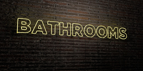 BATHROOMS -Realistic Neon Sign on Brick Wall background - 3D rendered royalty free stock image. Can be used for online banner ads and direct mailers..