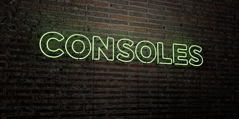 CONSOLES -Realistic Neon Sign on Brick Wall background - 3D rendered royalty free stock image. Can be used for online banner ads and direct mailers..