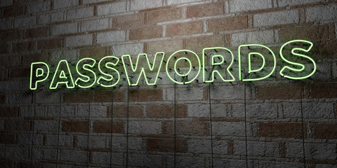 PASSWORDS - Glowing Neon Sign on stonework wall - 3D rendered royalty free stock illustration.  Can be used for online banner ads and direct mailers..
