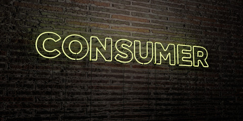 CONSUMER -Realistic Neon Sign on Brick Wall background - 3D rendered royalty free stock image. Can be used for online banner ads and direct mailers..