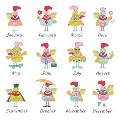 Set of Cute cartoon rooster character illustration. Calendar  template for creating a calendar with funny cocks. Symbol of 2017 Chinese New Year