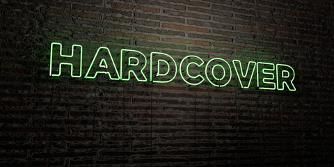 HARDCOVER -Realistic Neon Sign on Brick Wall background - 3D rendered royalty free stock image. Can be used for online banner ads and direct mailers..