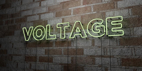 VOLTAGE - Glowing Neon Sign on stonework wall - 3D rendered royalty free stock illustration.  Can be used for online banner ads and direct mailers..