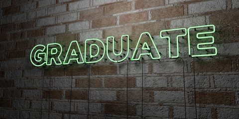 GRADUATE - Glowing Neon Sign on stonework wall - 3D rendered royalty free stock illustration.  Can be used for online banner ads and direct mailers..