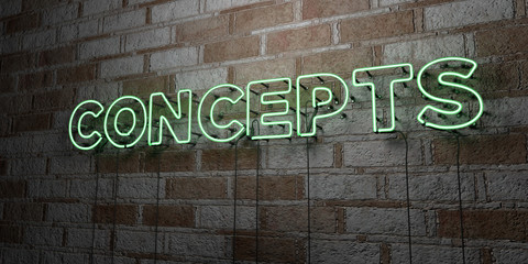 CONCEPTS - Glowing Neon Sign on stonework wall - 3D rendered royalty free stock illustration.  Can be used for online banner ads and direct mailers..