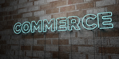 COMMERCE - Glowing Neon Sign on stonework wall - 3D rendered royalty free stock illustration.  Can be used for online banner ads and direct mailers..