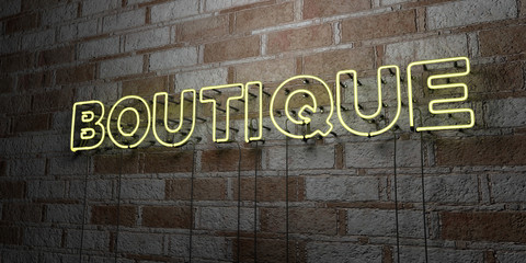 BOUTIQUE - Glowing Neon Sign on stonework wall - 3D rendered royalty free stock illustration.  Can be used for online banner ads and direct mailers..