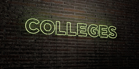 COLLEGES -Realistic Neon Sign on Brick Wall background - 3D rendered royalty free stock image. Can be used for online banner ads and direct mailers..