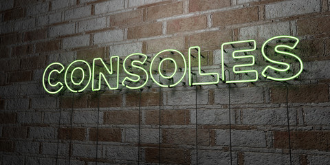 Fototapeta na wymiar CONSOLES - Glowing Neon Sign on stonework wall - 3D rendered royalty free stock illustration. Can be used for online banner ads and direct mailers..
