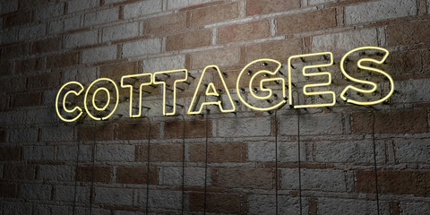 COTTAGES - Glowing Neon Sign on stonework wall - 3D rendered royalty free stock illustration.  Can be used for online banner ads and direct mailers..