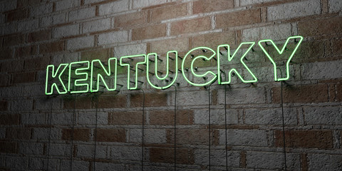KENTUCKY - Glowing Neon Sign on stonework wall - 3D rendered royalty free stock illustration.  Can be used for online banner ads and direct mailers..