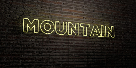 MOUNTAIN -Realistic Neon Sign on Brick Wall background - 3D rendered royalty free stock image. Can be used for online banner ads and direct mailers..