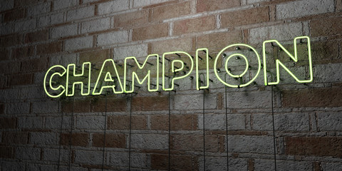 CHAMPION - Glowing Neon Sign on stonework wall - 3D rendered royalty free stock illustration.  Can be used for online banner ads and direct mailers..