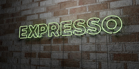EXPRESSO - Glowing Neon Sign on stonework wall - 3D rendered royalty free stock illustration.  Can be used for online banner ads and direct mailers..