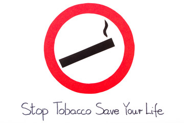 Red round no smoking sign, stop tobacco save your life