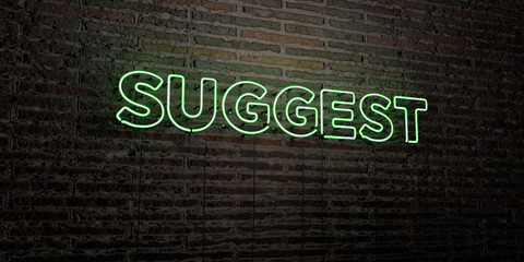SUGGEST -Realistic Neon Sign on Brick Wall background - 3D rendered royalty free stock image. Can be used for online banner ads and direct mailers..
