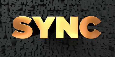 Sync - Gold text on black background - 3D rendered royalty free stock picture. This image can be used for an online website banner ad or a print postcard.