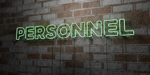 PERSONNEL - Glowing Neon Sign on stonework wall - 3D rendered royalty free stock illustration.  Can be used for online banner ads and direct mailers..