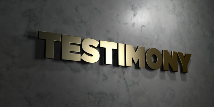 Testimony - Gold text on black background - 3D rendered royalty free stock picture. This image can be used for an online website banner ad or a print postcard.