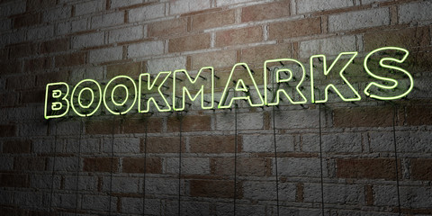 BOOKMARKS - Glowing Neon Sign on stonework wall - 3D rendered royalty free stock illustration.  Can be used for online banner ads and direct mailers..