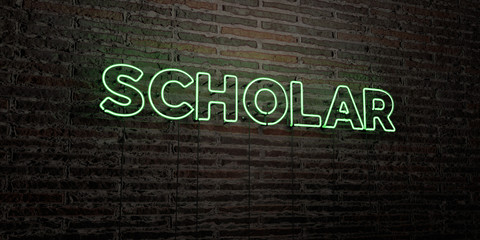 SCHOLAR -Realistic Neon Sign on Brick Wall background - 3D rendered royalty free stock image. Can be used for online banner ads and direct mailers..