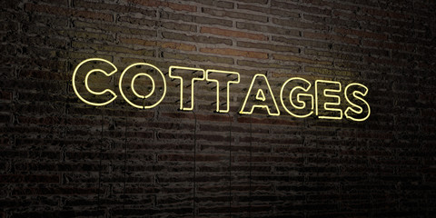 COTTAGES -Realistic Neon Sign on Brick Wall background - 3D rendered royalty free stock image. Can be used for online banner ads and direct mailers..