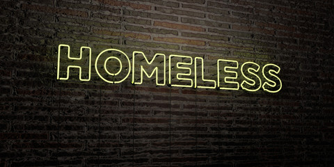 HOMELESS -Realistic Neon Sign on Brick Wall background - 3D rendered royalty free stock image. Can be used for online banner ads and direct mailers..