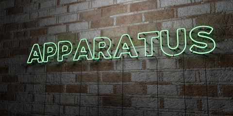 APPARATUS - Glowing Neon Sign on stonework wall - 3D rendered royalty free stock illustration.  Can be used for online banner ads and direct mailers..