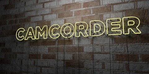 CAMCORDER - Glowing Neon Sign on stonework wall - 3D rendered royalty free stock illustration.  Can be used for online banner ads and direct mailers..