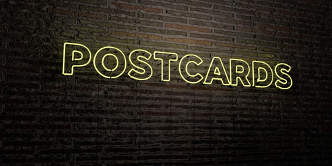 POSTCARDS -Realistic Neon Sign on Brick Wall background - 3D rendered royalty free stock image. Can be used for online banner ads and direct mailers..