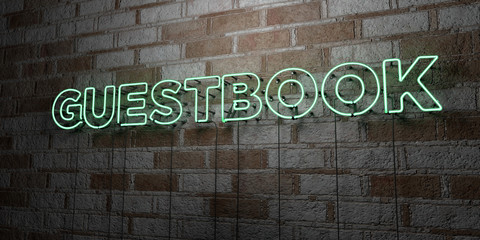 GUESTBOOK - Glowing Neon Sign on stonework wall - 3D rendered royalty free stock illustration.  Can be used for online banner ads and direct mailers..