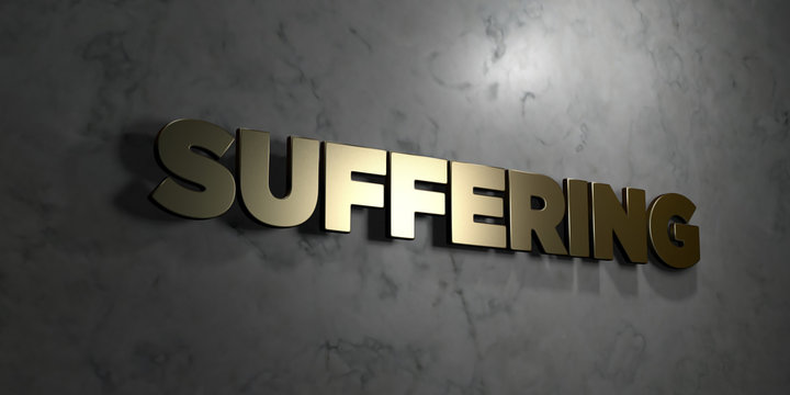 Suffering - Gold text on black background - 3D rendered royalty free stock picture. This image can be used for an online website banner ad or a print postcard.