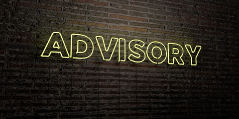 ADVISORY -Realistic Neon Sign on Brick Wall background - 3D rendered royalty free stock image. Can be used for online banner ads and direct mailers..