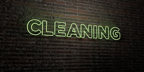 CLEANING -Realistic Neon Sign on Brick Wall background - 3D rendered royalty free stock image. Can be used for online banner ads and direct mailers..