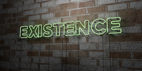 EXISTENCE - Glowing Neon Sign on stonework wall - 3D rendered royalty free stock illustration.  Can be used for online banner ads and direct mailers..