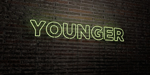 YOUNGER -Realistic Neon Sign on Brick Wall background - 3D rendered royalty free stock image. Can be used for online banner ads and direct mailers..