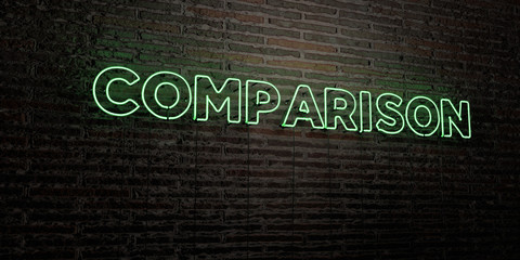 COMPARISON -Realistic Neon Sign on Brick Wall background - 3D rendered royalty free stock image. Can be used for online banner ads and direct mailers..
