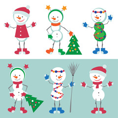 Set of Snowman Vector Illustration. Snow man Character with Christmas Tree, Xmas decorations. Isolated on the White and Blue Background