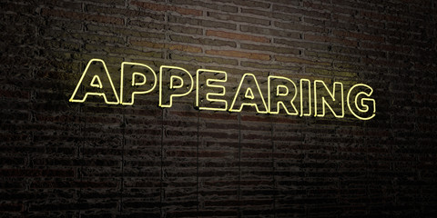 APPEARING -Realistic Neon Sign on Brick Wall background - 3D rendered royalty free stock image. Can be used for online banner ads and direct mailers..