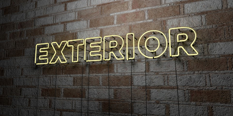 EXTERIOR - Glowing Neon Sign on stonework wall - 3D rendered royalty free stock illustration.  Can be used for online banner ads and direct mailers..