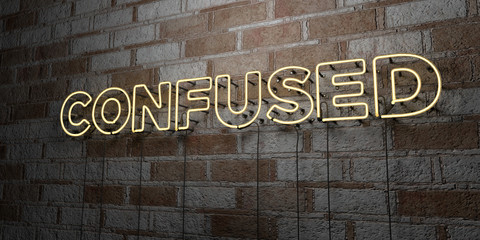 CONFUSED - Glowing Neon Sign on stonework wall - 3D rendered royalty free stock illustration.  Can be used for online banner ads and direct mailers..