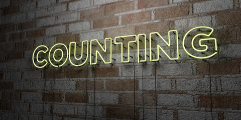 COUNTING - Glowing Neon Sign on stonework wall - 3D rendered royalty free stock illustration.  Can be used for online banner ads and direct mailers..