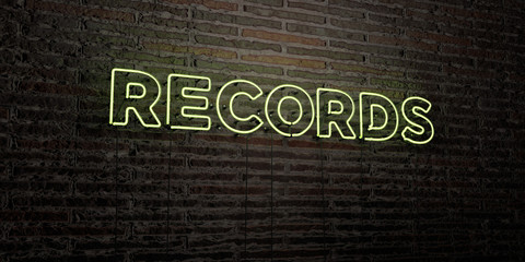RECORDS -Realistic Neon Sign on Brick Wall background - 3D rendered royalty free stock image. Can be used for online banner ads and direct mailers..