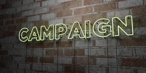CAMPAIGN - Glowing Neon Sign on stonework wall - 3D rendered royalty free stock illustration.  Can be used for online banner ads and direct mailers..