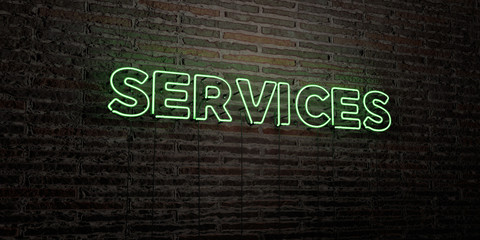 SERVICES -Realistic Neon Sign on Brick Wall background - 3D rendered royalty free stock image. Can be used for online banner ads and direct mailers..